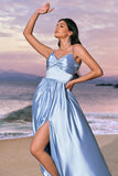 Sky Blue A-Line Spaghetti Straps Ruched Floor Length Bridesmaid Dress with Slit