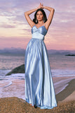 Sky Blue A-Line Spaghetti Straps Ruched Floor Length Bridesmaid Dress with Slit