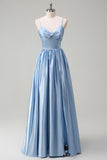 Sky Blue A Line Spaghetti Straps Ruched Long Bridesmaid Dress with Slit