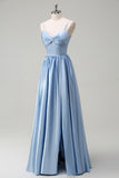 Sky Blue A Line Spaghetti Straps Ruched Long Bridesmaid Dress with Slit