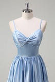 Sky Blue A Line Spaghetti Straps Ruched Long Bridesmaid Dress with Slit