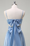 Sky Blue A Line Spaghetti Straps Ruched Long Bridesmaid Dress with Slit