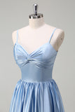 Sky Blue A Line Spaghetti Straps Ruched Long Bridesmaid Dress with Slit