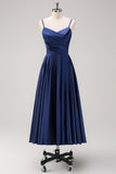 Dark Navy A Line Spaghetti Straps Pleated Tea-Length Bridesmaid Dress