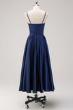 Dark Navy A Line Spaghetti Straps Pleated Tea-Length Bridesmaid Dress