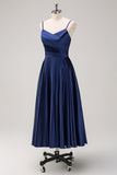 Dark Navy A Line Spaghetti Straps Pleated Tea-Length Bridesmaid Dress