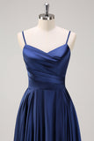 Dark Navy A Line Spaghetti Straps Pleated Tea-Length Bridesmaid Dress