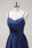 Dark Navy A Line Spaghetti Straps Pleated Tea-Length Bridesmaid Dress