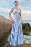 Sky Blue A-Line Spaghetti Straps Satin Long Bridesmaid Dress with Ruffles