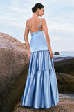 Sky Blue A-Line Spaghetti Straps Satin Long Bridesmaid Dress with Ruffles