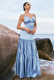 Sky Blue A-Line Spaghetti Straps Satin Long Bridesmaid Dress with Ruffles