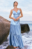 Sky Blue A-Line Spaghetti Straps Satin Long Bridesmaid Dress with Ruffles