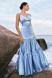 Sky Blue A-Line Spaghetti Straps Satin Long Bridesmaid Dress with Ruffles