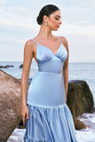 Sky Blue A-Line Spaghetti Straps Satin Long Bridesmaid Dress with Ruffles