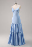 Sky Blue A Line V Neck Spaghetti Straps Ruffle Satin Bridesmaid Dress