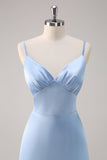 Sky Blue A Line V Neck Spaghetti Straps Ruffle Satin Bridesmaid Dress