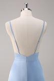 Sky Blue A Line V Neck Spaghetti Straps Ruffle Satin Bridesmaid Dress