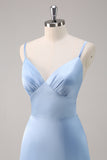 Sky Blue A Line V Neck Spaghetti Straps Ruffle Satin Bridesmaid Dress