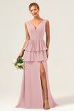 Lilac A Line V Neck Tiered Ruffle Long Bridesmaid Dress with Slit