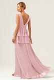 Lilac A Line V Neck Tiered Ruffle Long Bridesmaid Dress with Slit