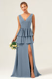 Lilac A Line V Neck Tiered Ruffle Long Bridesmaid Dress with Slit