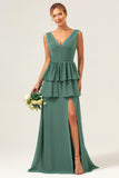 Eucalyptus A Line V Neck Tiered Long Bridesmaid Dress with Ruffles