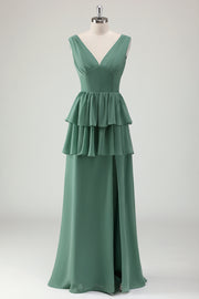 Eucalyptus A Line V Neck Tiered Long Bridesmaid Dress with Ruffles