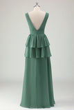 Eucalyptus A Line V Neck Tiered Long Bridesmaid Dress with Ruffles