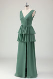 Eucalyptus A Line V Neck Tiered Long Bridesmaid Dress with Ruffles