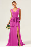 Lilac A Line V Neck Tiered Ruffle Long Bridesmaid Dress with Slit