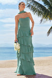 Eucalyptus A-Line Strapless Tiered Ruched Chiffon Long Bridesmaid Dress