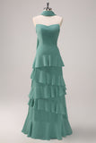 Eucalyptus A Line Strapless Tiered Chiffon Ruched Floor Length Bridesmaid Dress