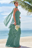 Eucalyptus A-Line Strapless Tiered Ruched Chiffon Long Bridesmaid Dress