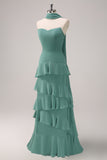 Eucalyptus A Line Strapless Tiered Chiffon Ruched Floor Length Bridesmaid Dress