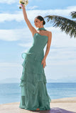 Eucalyptus A-Line Strapless Tiered Ruched Chiffon Long Bridesmaid Dress