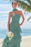 Eucalyptus A-Line Strapless Tiered Ruched Chiffon Long Bridesmaid Dress