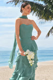 Eucalyptus A-Line Strapless Tiered Ruched Chiffon Long Bridesmaid Dress