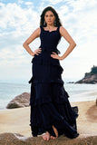 Dark Navy A-Line Backless Floor Length Tiered Long Bridesmaid Dress