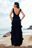 Dark Navy A-Line Backless Floor Length Tiered Long Bridesmaid Dress