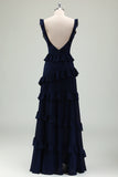 Dark Navy A Line Backless Floor Length Tiered Ruffle Bridesmaid Dress