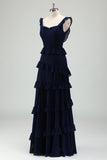 Dark Navy A Line Backless Floor Length Tiered Ruffle Bridesmaid Dress