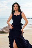 Dark Navy A-Line Backless Floor Length Tiered Long Bridesmaid Dress