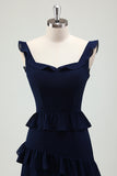 Dark Navy A Line Backless Floor Length Tiered Ruffle Bridesmaid Dress