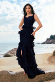 Dark Navy A-Line Backless Floor Length Tiered Long Bridesmaid Dress