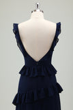 Dark Navy A Line Backless Floor Length Tiered Ruffle Bridesmaid Dress