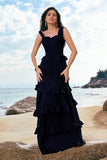 Dark Navy A-Line Backless Floor Length Tiered Long Bridesmaid Dress