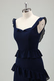 Dark Navy A Line Backless Floor Length Tiered Ruffle Bridesmaid Dress