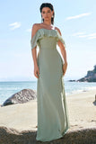 Light Green Sheath Strapless Chiffon Floor Length Bridesmaid Dress with Ruffle Slit