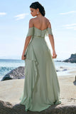 Light Green Sheath Strapless Chiffon Floor Length Bridesmaid Dress with Ruffle Slit