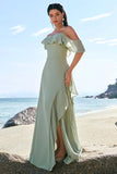 Light Green Sheath Strapless Chiffon Floor Length Bridesmaid Dress with Ruffle Slit